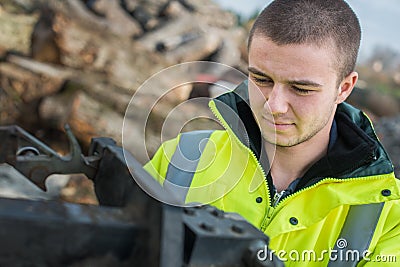 Worker urban municipal recycling garbage collector truck Stock Photo