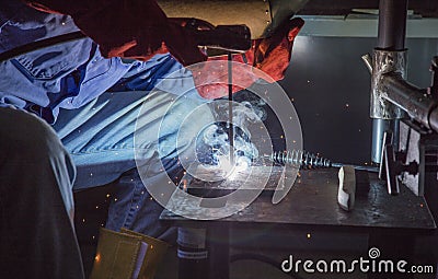 Worker use weld steel at factory Stock Photo