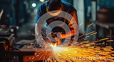 Worker using an angle grinder and proyecting sparks. Generative AI Stock Photo