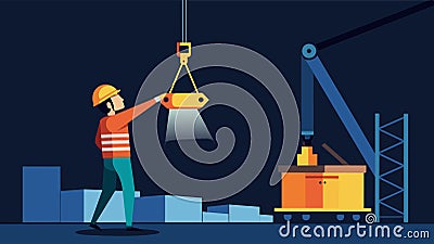 A worker using a flashlight to guide the crane operator in placing the load in a dark and tight space.. Vector Vector Illustration