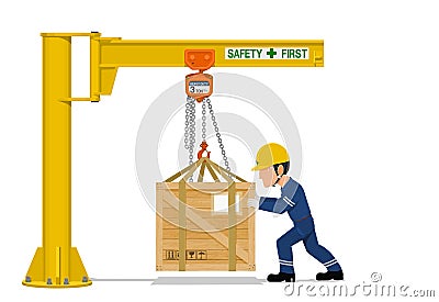 A worker is using the jib crane to handling the heavy wooden container on transparent background Vector Illustration