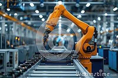 Worker using robotics system in factory Stock Photo