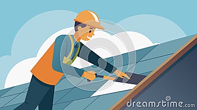 A worker using a specialized tool to smoothly seal and secure the edges of shingles.. Vector illustration. Vector Illustration