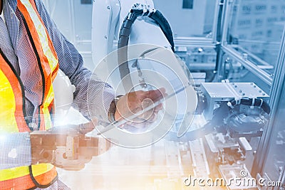 Worker using tablet control robot arm in production line Stock Photo