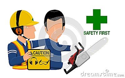 A worker is warning his friend about wearing personal protective equipment during operating the chain saw Vector Illustration