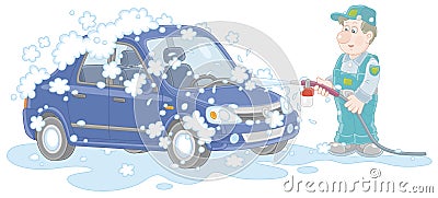 Worker washing a car on a service station Vector Illustration