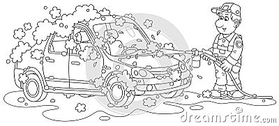 Worker washing a car on a service station Vector Illustration