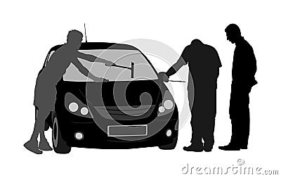 Worker washing car windows vector silhouette. Pit stop vehicle. Mechanic assistance to customer. Auto service repair center. Stock Photo
