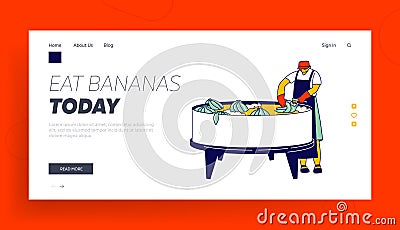 Worker Washing Banana Bunches on Tropical Plantation Landing Page Template. Labour Character Working Hard Growing Fruits Vector Illustration