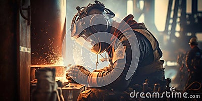 worker welds the metal hull of the ship in the shipyard , Ai generative Stock Photo