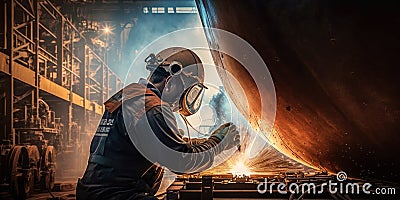 worker welds the metal hull of the ship in the shipyard , Ai generative Stock Photo