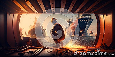 worker welds the metal hull of the ship in the shipyard , Ai generative Stock Photo