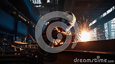 worker welds the metal hull of the ship in the shipyard , Ai generative Stock Photo