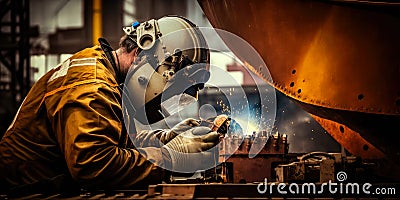 worker welds the metal hull of the ship in the shipyard , Ai generative Stock Photo