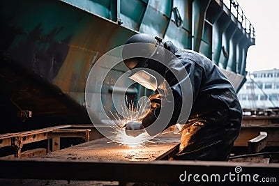 worker welds the metal hull of the ship in the shipyard , Ai generative Stock Photo