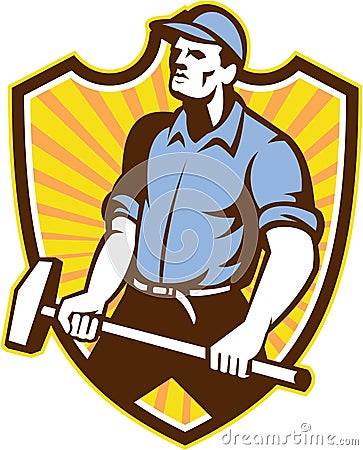 Worker Wielding Sledgehammer Crest Retro Vector Illustration