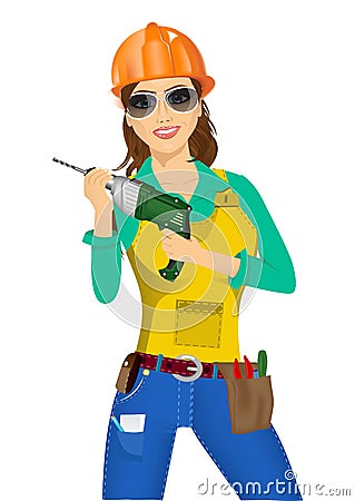 Worker woman with drill Vector Illustration