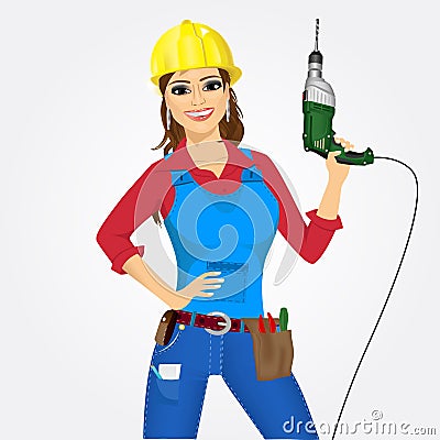 Worker woman with drill Vector Illustration