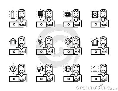 Worker woman with laptop outline icon set. Creative work and soc Vector Illustration