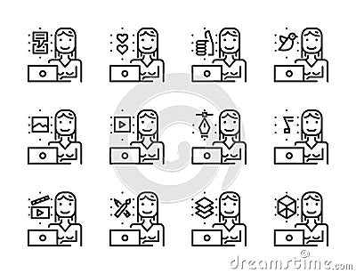 Worker woman with laptop outline icon set. Creative work and soc Vector Illustration