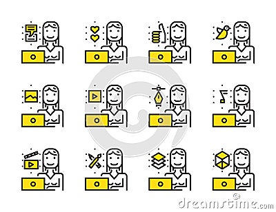 Worker woman with laptop outline icon set. Creative work and social media. Vector Illustration