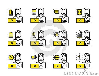 Worker woman with laptop outline icon set. Vector Illustration