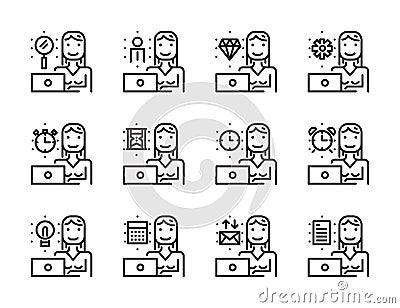 Worker woman with laptop outline icon set. Time and management concept. Vector Illustration