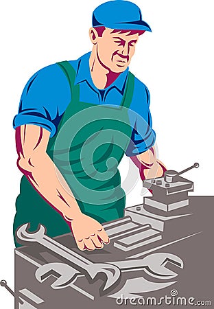 Worker working on lathe machine Cartoon Illustration