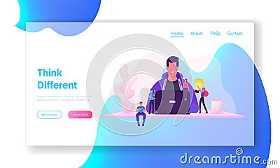 IT Worker at Workplace Website Landing Page. Programmer Coder Developer or Software Engineer Sitting at Desk Vector Illustration