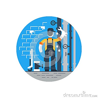 Worker with wrench repairing pipes, water dropping from tubes Vector Illustration