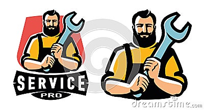 Worker with wrench. Engineer, technician, mechanic emblem. Workshop, technical service logo. Vector illustration Vector Illustration