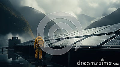 Worker in yellow protective clothes maintaining solar panels installation. Clean energy plant. Generative AI Stock Photo