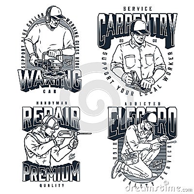 Black and white labels set with manual workers Vector Illustration