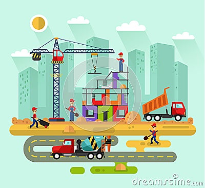 Workers build a house Vector Illustration