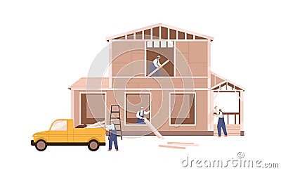 Workers building wood house. Builders work, unload car with timber. Residential home construction process. Professional Vector Illustration