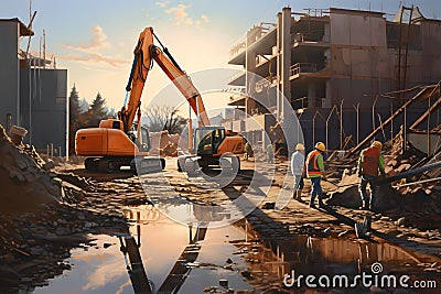 workers in the construction site vectors illustrator cartoon ai generated labor dar man work with working machines Stock Photo