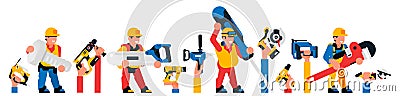 Workers and construction tools. Hands holding a power tool. Screwdriver, jigsaw, saw, dryer, gas wrench, circular saw Vector Illustration