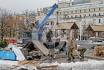 Workers dismantle Revolution square after Russian national festival `Shrove` in Moscow Editorial Stock Photo