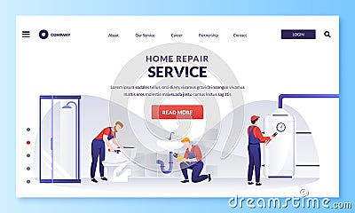 Workers does house fixing works. Plumber repairs toilet tank, sink, plumbing pipes, water heater. Vector illustration Vector Illustration