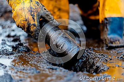 Workers extracting a core sample from a muddy ground in an exploration site. Generative AI Stock Photo