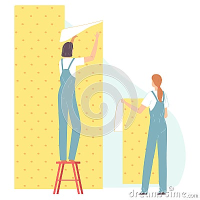 Workers gluing wallpaper. People making house or home apartment interior renovation. Cartoon flat woman builder characters. Vector Cartoon Illustration