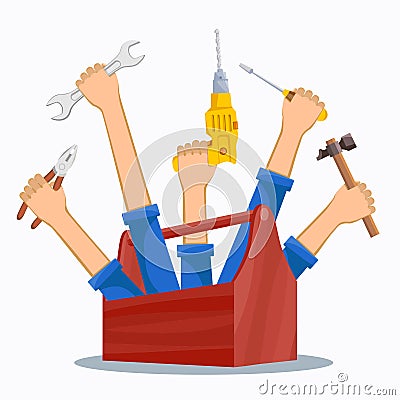 Workers hands with construction tools and toolbox Vector Illustration