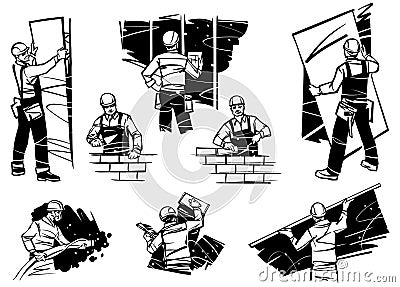 Workers in the house work with the walls. Laying bricks, plaster walls and installing drywall. Vector Illustration