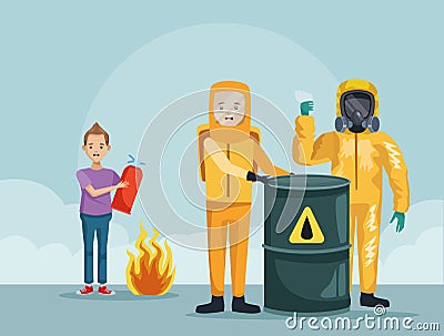Workers with industrial suit and boy using fire extinguisher Vector Illustration
