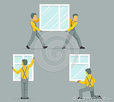 Workers install carry house windows building glass icons set flat design template vector illustration Vector Illustration