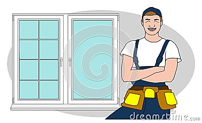 Workers install carry house windows building glass icons set flat design template vector illustration Stock Photo