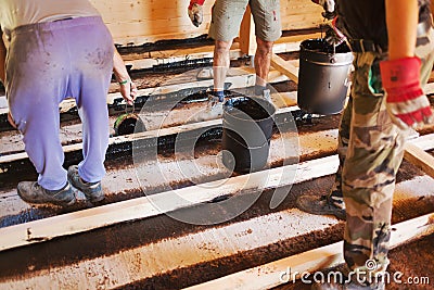 Workers installing a house foundation Stock Photo