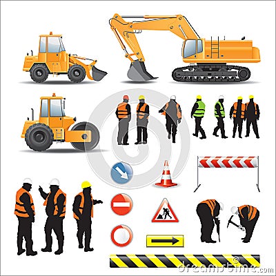 Workers and machines for road construction Vector Illustration