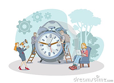 Workers managing time, lady working in park. Time organization and management concept Vector Illustration