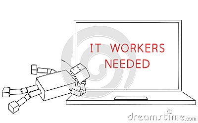 IT WORKERS NEEDED. We are hiring coders, programmers, engineers, techies. Editable design for recruitment agency. Line Vector Illustration